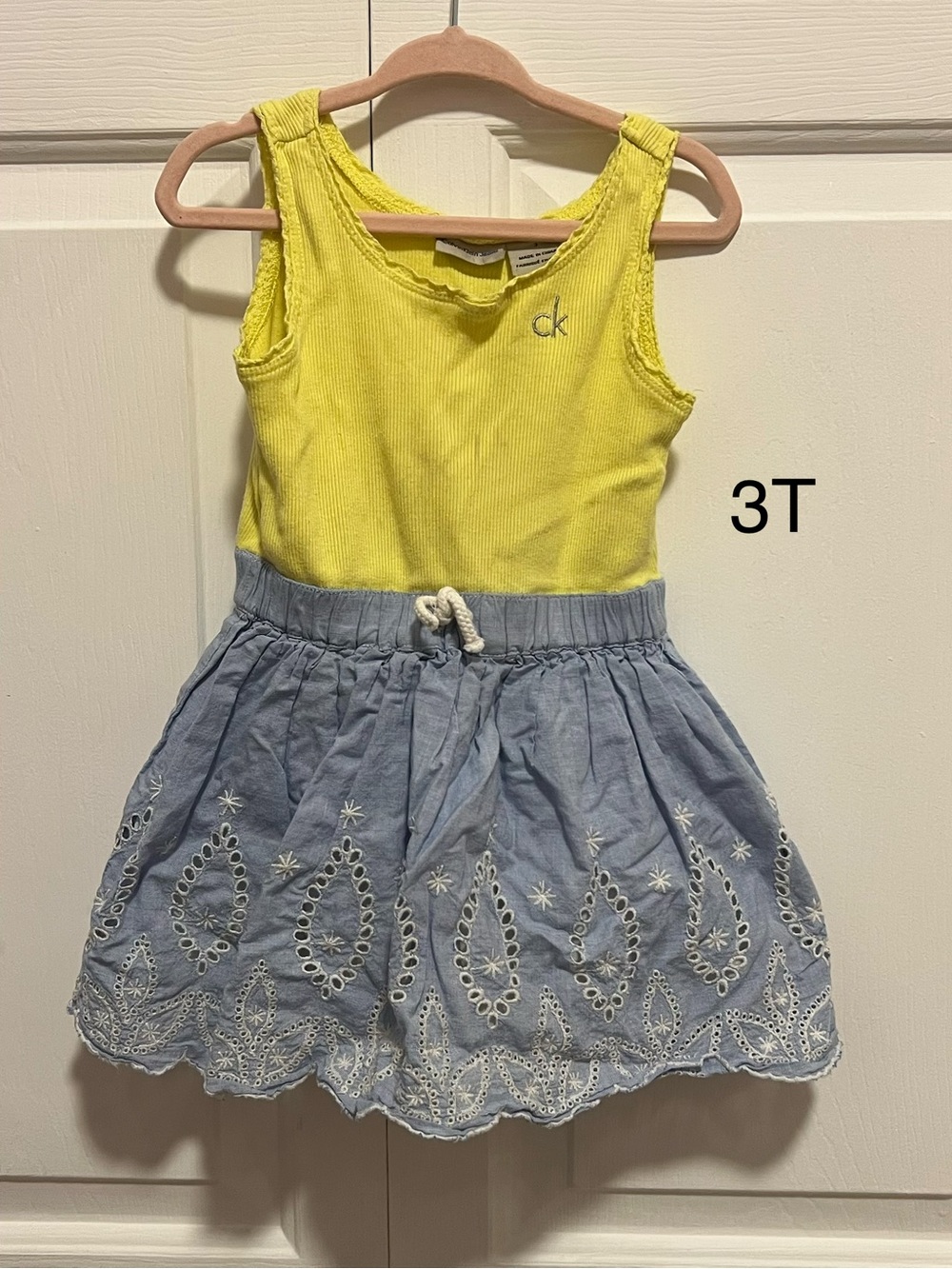 Calvin Klein Yellow Tank with Light Blue Eyelet Skirt Dress